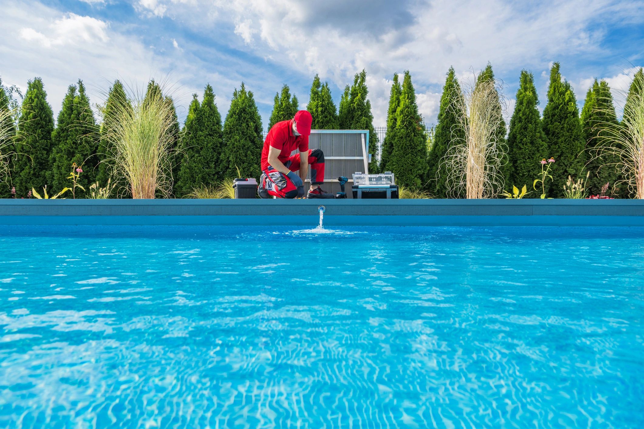pool technician carrying out pool maintenance and chemical balancing
